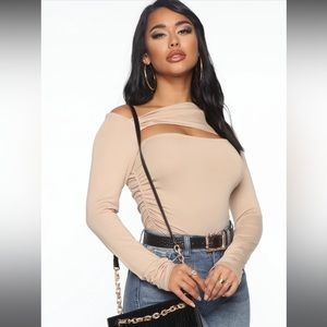 Sassy Slash Ruched Top - Taupe